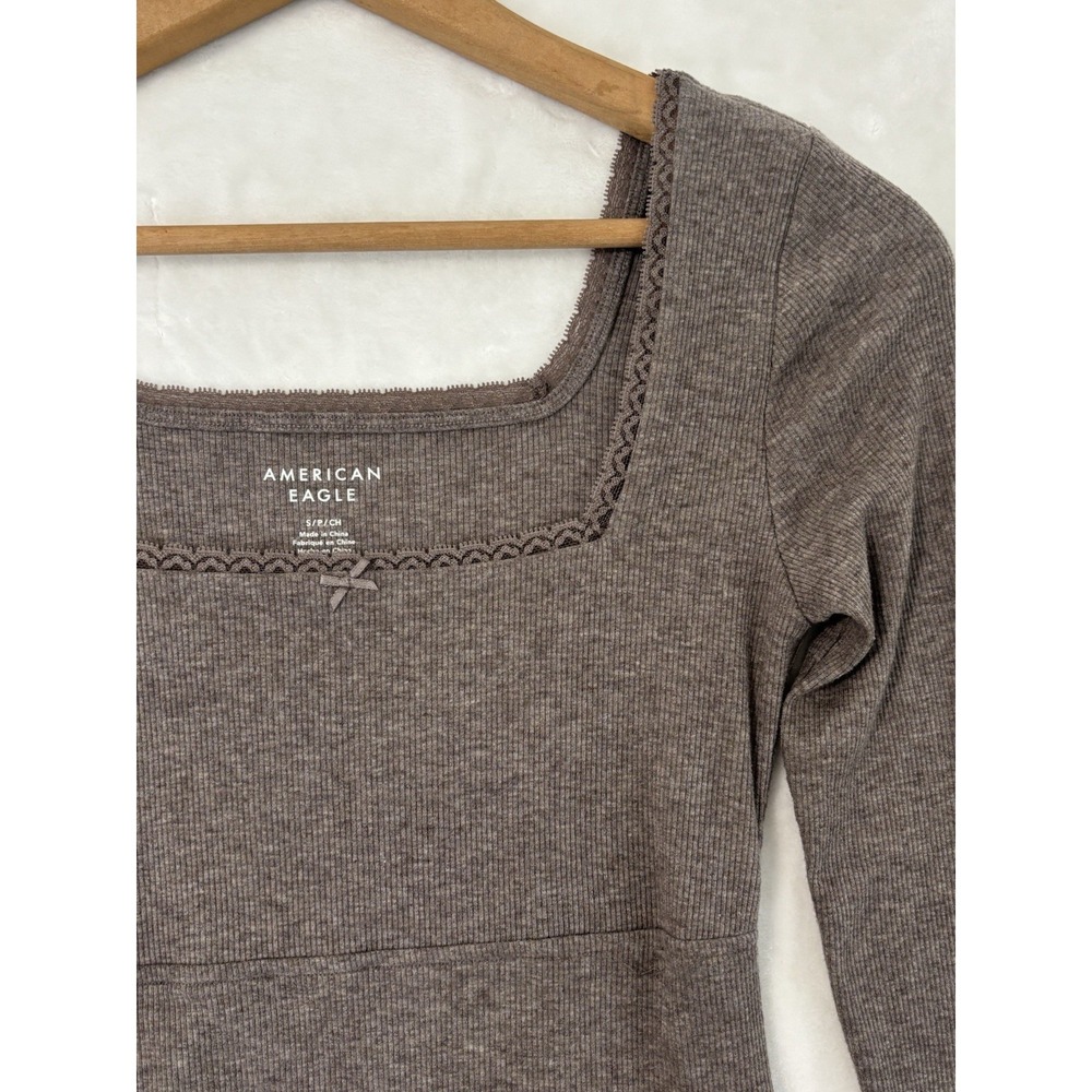American Eagle Babydoll Square Neck Ribbed Lace Trim Top Brown Small 0737